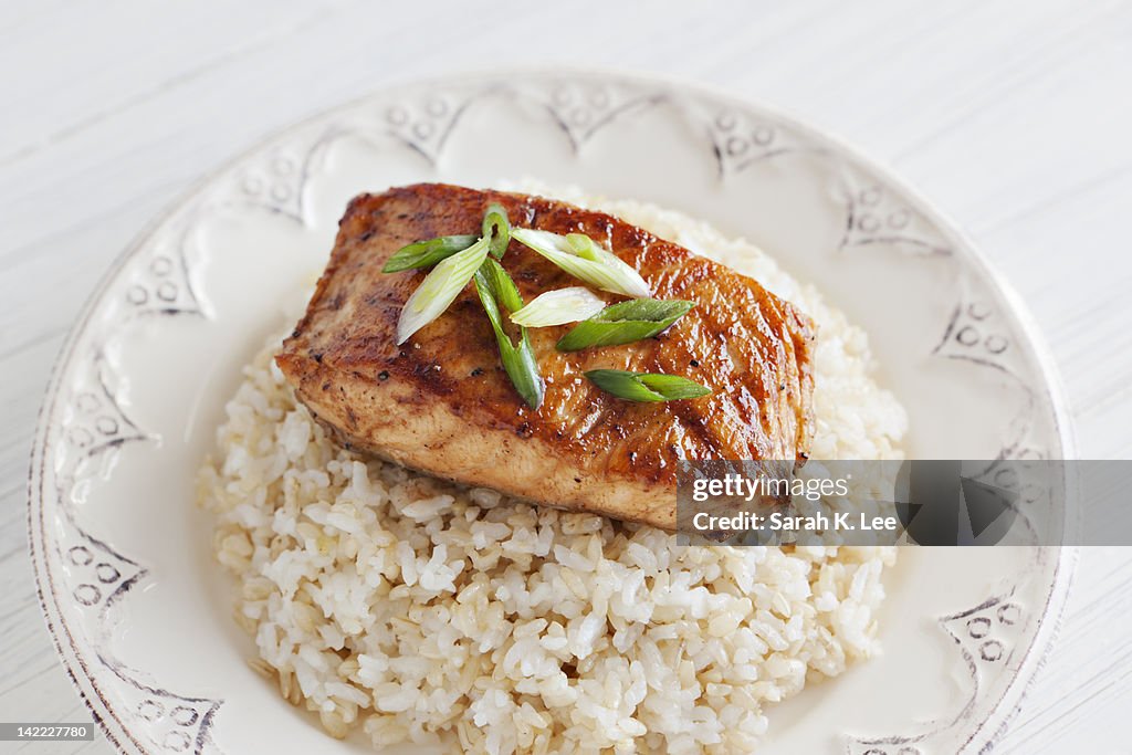 Grilled salmon and rice dish