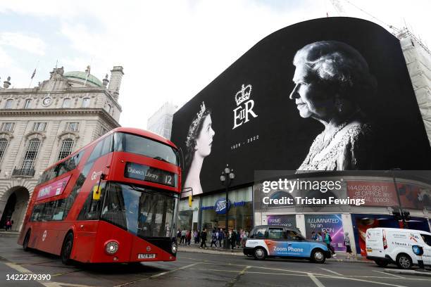 Tribute on the large screen for the late Queen Elizabeth II at Piccadilly Circus on September 09, 2022 in London, England. Elizabeth Alexandra Mary...