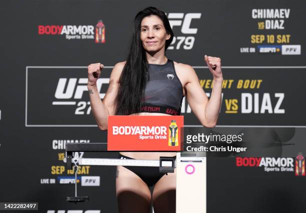 Irene Aldana of Mexico poses on the scale during the UFC 279 official weigh-in at UFC APEX on September 09, 2022 in Las Vegas, Nevada.