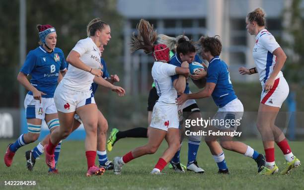 Maria Magatti of Italy is tackled by Lina Queyroi of France during the Summer Nations Series Test Match 2022 between Italy Women and France Women at...