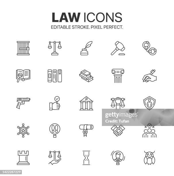 law and judgement icon set. court, of law and govertment and justice linear icon pack - 裁決 幅插畫檔、美工圖案、卡通及圖標