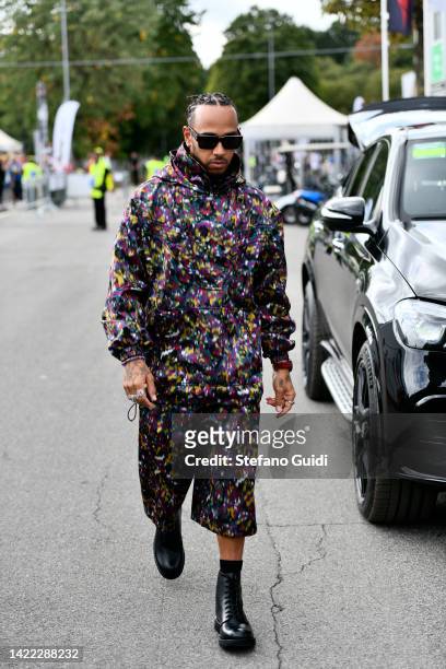 Lewis Hamilton of Great Britain and Mercedes AMG Petronas F1 Team arrives before practice ahead of the F1 Grand Prix of Italy at Autodromo Nazionale...