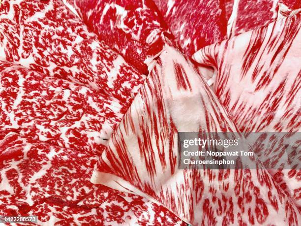 close up shot of sliced marble wagyu meat for shabu shabu hot pot, osaka, japan - marmoriertes fleisch stock-fotos und bilder