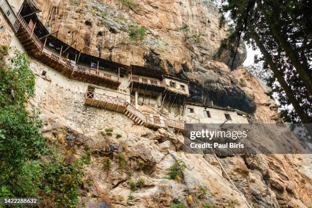 low angle shot of monastery of agios ioannis prodromos (saint john the baptist), lousios gorge, greece - john photos et images de collection