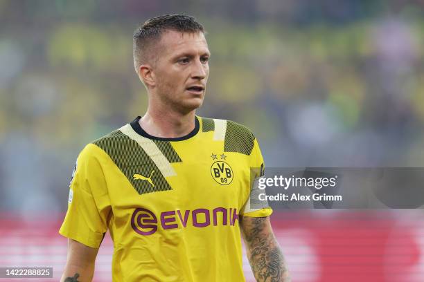 Marco Reus of Borussia Dortmund reacts during the UEFA Champions League group G match between Borussia Dortmund and FC Copenhagen at Signal Iduna...