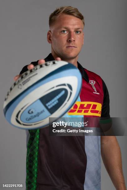 Alex Dombrant of Harlequins poses for a portrait during the Harlequins squad photo call for the 2022-23 Gallagher Premiership Rugby season at Surrey...