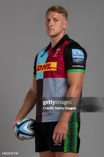 Alex Dombrant of Harlequins poses for a portrait during the Harlequins squad photo call for the 2022-23 Gallagher Premiership Rugby season at Surrey...