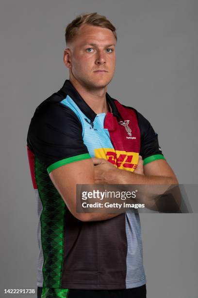 Alex Dombrant of Harlequins poses for a portrait during the Harlequins squad photo call for the 2022-23 Gallagher Premiership Rugby season at Surrey...
