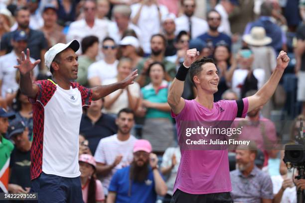 Rajeev Ram of the United States and Joe Salisbury of Great Britain celebrate after defeating Neal Skupski of Great Britain and Wesley Koolhof of the...