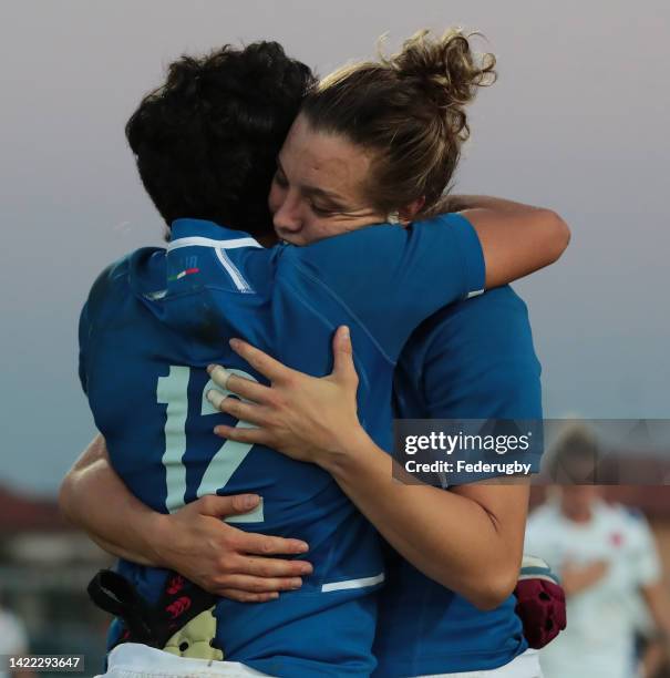 Elisa Giordano of Italy celebrates victory with her teammate Beatrice Rigoni at the end of the Summer Nations Series Test Match 2022 between Italy...