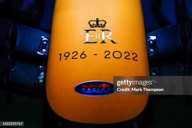 Tribute to the late Queen Elizabeth II is pictured on the nose of the Red Bull Racing RB18 during practice ahead of the F1 Grand Prix of Italy at...
