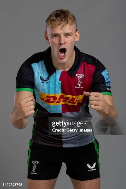 Louis Lynagh of Harlequins poses for a portrait during the Harlequins squad photo call for the 2022-23 Gallagher Premiership Rugby season at Surrey...