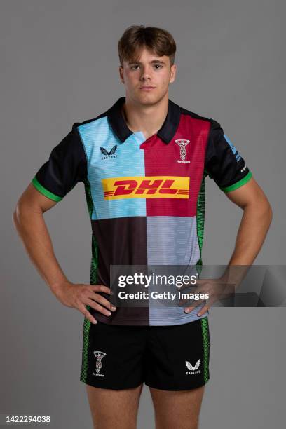 Harry Browne of Harlequins poses for a portrait during the Harlequins squad photo call for the 2022-23 Gallagher Premiership Rugby season at Surrey...