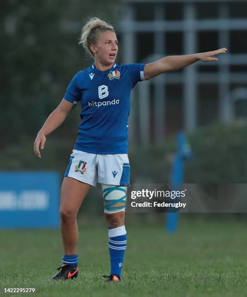 Veronica Madia of Italy gestures during the Summer Nations Series Test Match 2022 between Italy Women and France Women at Stadio del Rugby on...