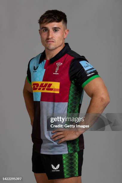 Caden Murley of Harlequins poses for a portrait during the Harlequins squad photo call for the 2022-23 Gallagher Premiership Rugby season at Surrey...