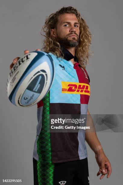 Luke Wallace of Harlequins poses for a portrait during the Harlequins squad photo call for the 2022-23 Gallagher Premiership Rugby season at Surrey...