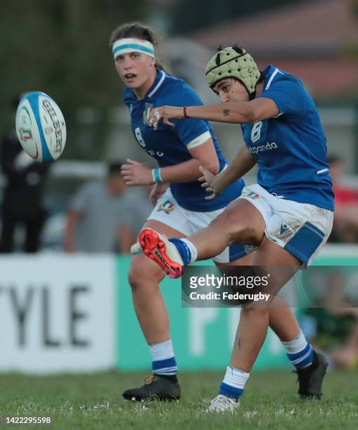 Beatrice Rigoni of Italy kicks the ball during the Summer Nations Series Test Match 2022 between Italy Women and France Women at Stadio del Rugby on...
