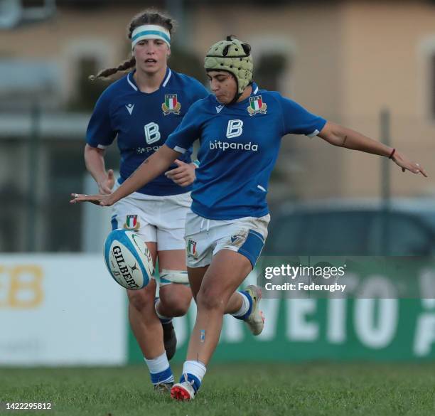 Beatrice Rigoni of Italy kicks the ball during the Summer Nations Series Test Match 2022 between Italy Women and France Women at Stadio del Rugby on...