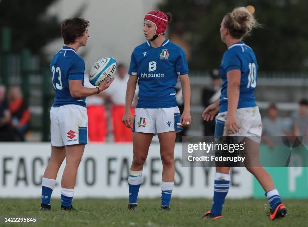 Vittoria Ostuni Minuzzi of Italy speaks with her teammate Alyssa D’Inca during the Summer Nations Series Test Match 2022 between Italy Women and...