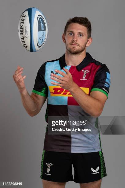 Will Edwards of Harlequins poses for a portrait during the Harlequins squad photo call for the 2022-23 Gallagher Premiership Rugby season at Surrey...