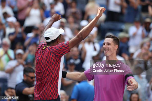 Rajeev Ram of the United States and Joe Salisbury of Great Britain celebrate after defeating Neal Skupski of Great Britain and Wesley Koolhof of the...