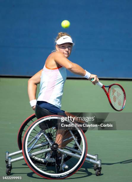 September 09: Diede De Groot of The Netherlands in action against Annie Van Koot of The Netherlands in the Wheelchair Women's Singles Semi-finals...