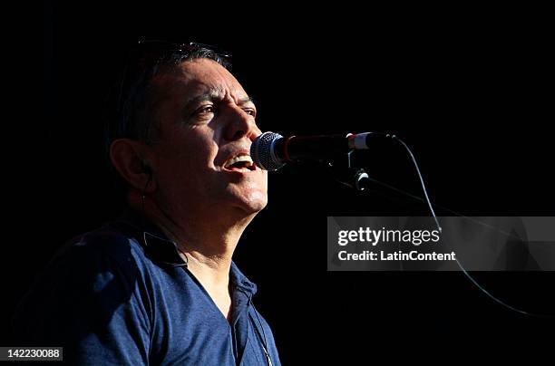 Chilean singer Carlos Cabezas of "Electroméstico group" performs live on stage during the 2012 Lollapalooza Music Festival at OHiggins Park on March...