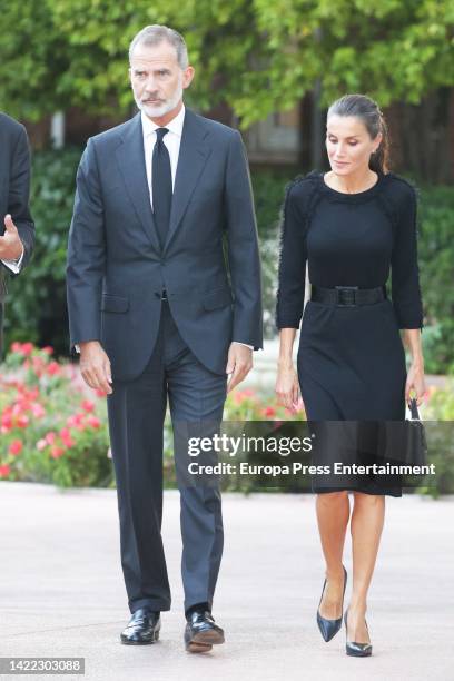 King Felipe VI and Queen Letizia leave the home of UK Ambassador Hugh Elliot to pay their condolences after the death of Queen Elizabeth II on...