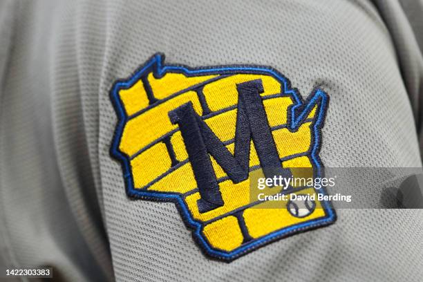 View of the Milwaukee Brewers logo on the jersey worn by Kolten Wong of the Milwaukee Brewers against the Minnesota Twins in the second inning of the...