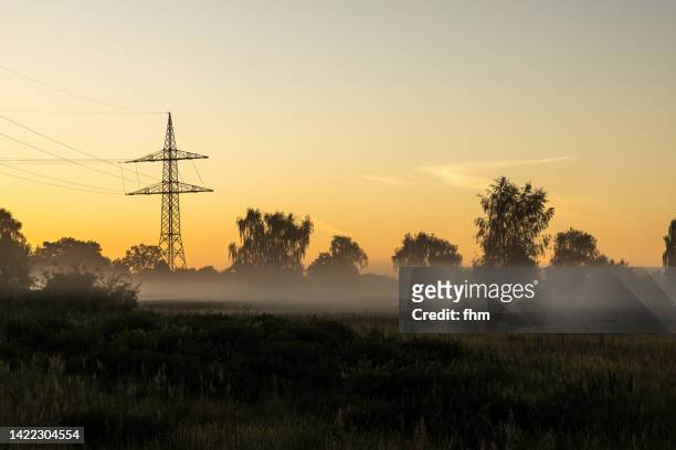 electricity pylon at sunrise foggy morning - electricity pylon stock-fotos und bilder
