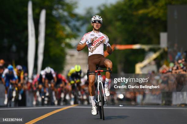 Benoit Cosnefroy of France and Ag2R Citroen Team celebrates winning during the 11th Grand Prix Cycliste de Québec 2022 a 201,6km one day race from...