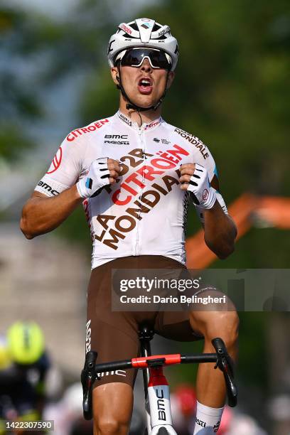 Benoit Cosnefroy of France and Ag2R Citroen Team celebrates winning during the 11th Grand Prix Cycliste de Québec 2022 a 201,6km one day race from...