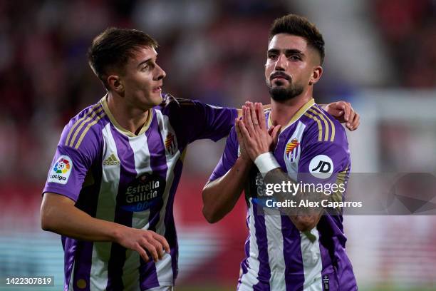 Ramon Rodriguez 'Monchu' of Real Valladolid CF celebrates with his teammate Ivan Fresneda after scoring their team's first goal during the LaLiga...