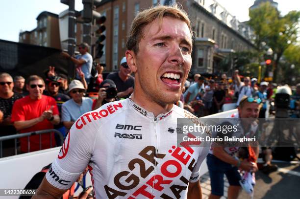 Benoit Cosnefroy of France and Ag2R Citroen Team celebrates winning during the 11th Grand Prix Cycliste de Québec 2022 a 201,6km one day race from...