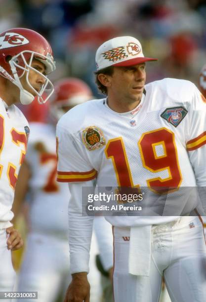 Quarterback Joe Montana of the Kansas City Chiefs follows the action in the game between The Kansas City Chiefs vs The Buffalo Bills at Rich Stadium...
