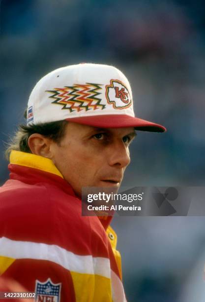 Quarterback Joe Montana of the Kansas City Chiefs follows the action in the game between The Kansas City Chiefs vs The Buffalo Bills at Rich Stadium...