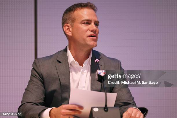 Theo Epstein, MLB consultant, speaks during a press conference at MLB Headquarters on September 09, 2022 in New York City. Major League Baseball...