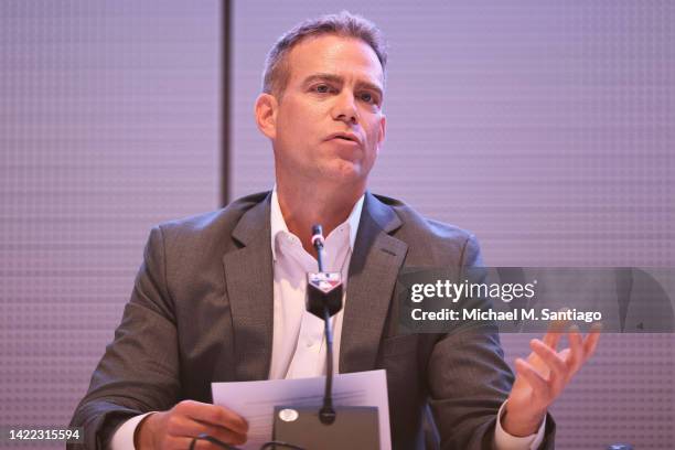 Theo Epstein, MLB consultant, speaks during a press conference at MLB Headquarters on September 09, 2022 in New York City. Major League Baseball...