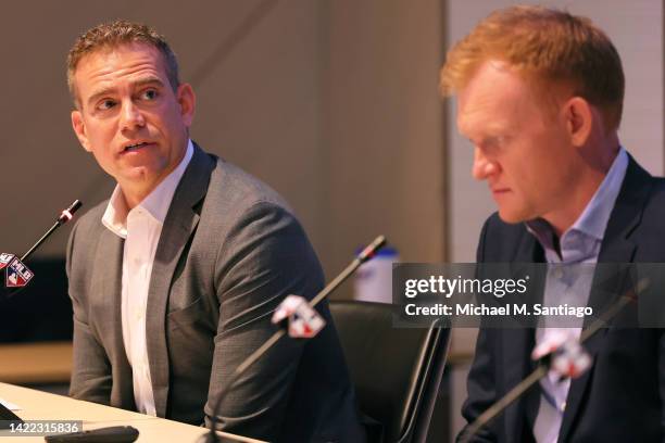 Theo Epstein, MLB consultant, speaks during a press conference at MLB Headquarters on September 09, 2022 in New York City. Major League Baseball...