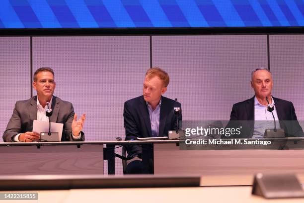 Theo Epstein, MLB consultant, speaks during a press conference at MLB Headquarters on September 09, 2022 in New York City. Major League Baseball...