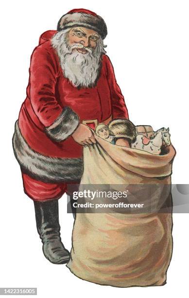 illustrazioni stock, clip art, cartoni animati e icone di tendenza di babbo natale vintage con sacco di giocattoli - santa sack