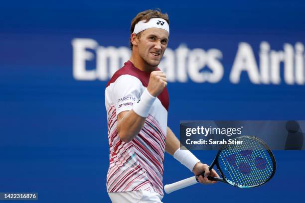 Casper Ruud of Norway celebrates winning the second set against Karen Khachanov during their Men’s Singles Semifinal match on Day Twelve of the 2022...