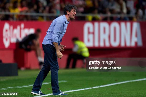 Head Coach Jose Rojo 'Pacheta' of Real Valladolid CF gives instructions during the LaLiga Santander match between Girona FC and Real Valladolid CF at...