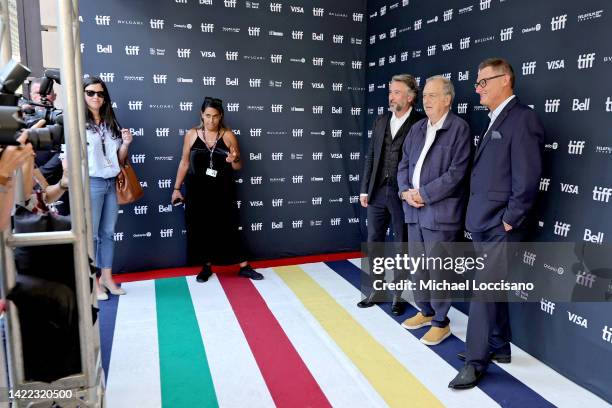 Steve Coogan, Stephen Frears and Jeff Pope attend "The Lost King" Premiere during the 2022 Toronto International Film Festival at Royal Alexandra...