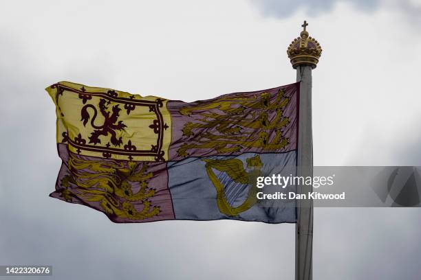 The Royal Standard of the United Kingdom flies at Buckingham Palace as King Charles III and Camilla, Queen Consort arrive for residence on September...