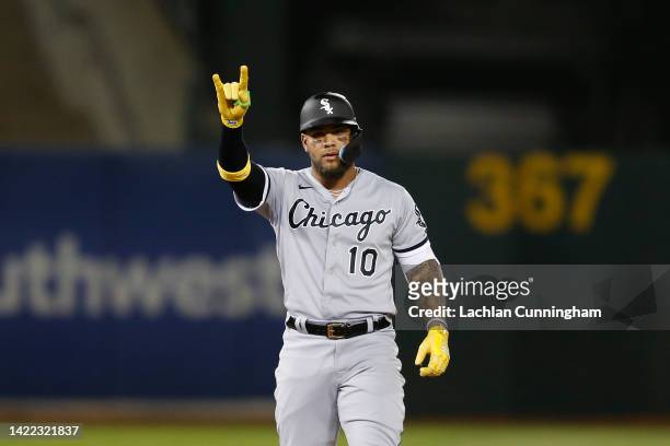 Yoan Moncada of the Chicago White Sox reacts after hitting a double in the top of the fifth inning against the Oakland Athletics at RingCentral...