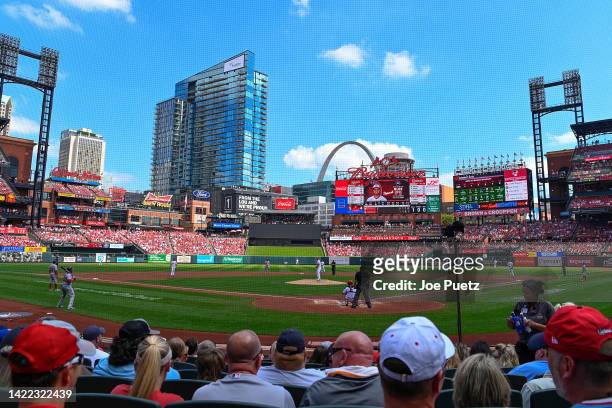 General view of Busch Stadium as Adam Wainwright of the St. Louis Cardinals pitches Yadier Molina of the St. Louis Cardinals at Busch Stadium on...