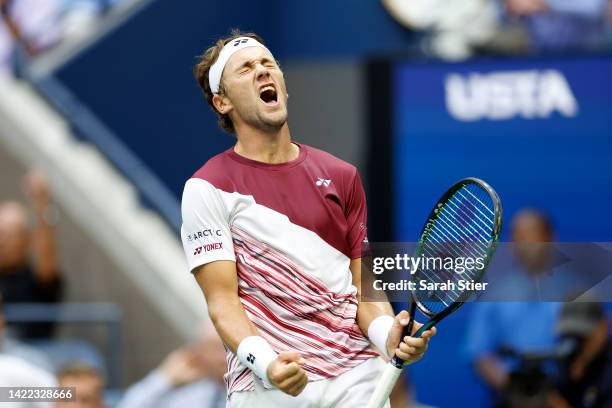 Casper Ruud of Norway celebrates winning a game against Karen Khachanov during their Men’s Singles Semifinal match on Day Twelve of the 2022 US Open...