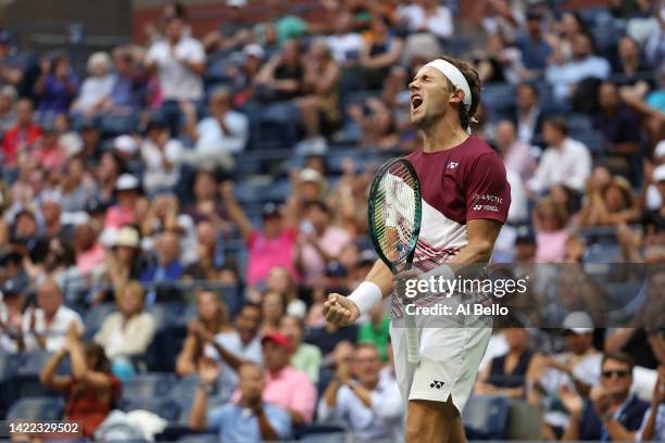 Casper Ruud of Norway celebrates winning a game against Karen Khachanov during their Men’s Singles Semifinal match on Day Twelve of the 2022 US Open...