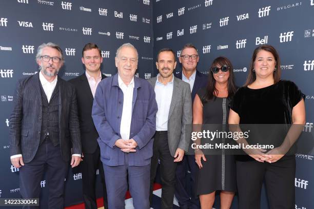 Steve Coogan, Maxwell Pope, Stephen Frears, Miguel Penella, Jeff Pope,Tina Pope and Arianna Bocco attend "The Lost King" Premiere during the 2022...